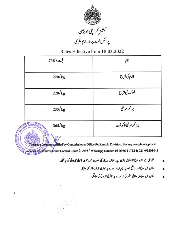 Chicken Rate List Today in Karachi 2022